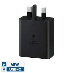 شارژر دیواری 45 وات سامسونگ مدل EP-T4510 با اتصال به پریز سه پین و تکنولوژی شارژ سریع USB PD 1.0، دارای درگاه خروجی USB Type-C، به همراه کابل USB Type-C به طول 180 سانتی‌متر